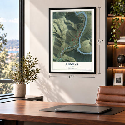 Riggins, Idaho map, 18 x 24 inch print in a black frame in a home office