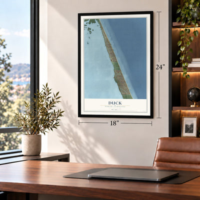 Duck, North Carolina map, 18 x 24 inch print in a black frame in a home office