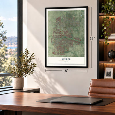Keller, Texas map, 18 x 24 inch print in a black frame in a home office