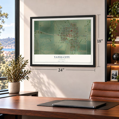 Yates City, Illinois map, 18 x 24 inch print in a black frame in a home office