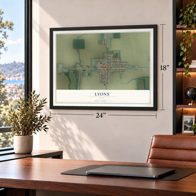 Lyons, Ohio map, 18 x 24 inch print in a black frame in a home office