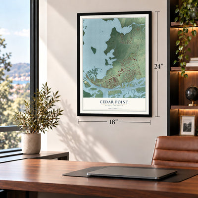 Cedar Point, North Carolina map, 18 x 24 inch print in a black frame in a home office