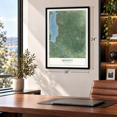 Quincy, Wisconsin map, 18 x 24 inch print in a black frame in a home office