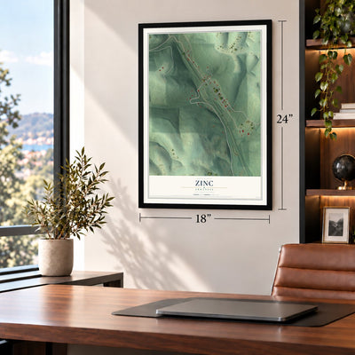 Zinc, Arkansas map, 18 x 24 inch print in a black frame in a home office