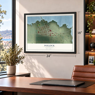 Pollock, South Dakota map, 18 x 24 inch print in a black frame in a home office