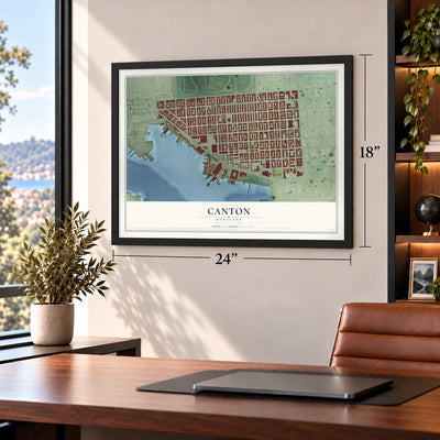 Canton, Maryland map, 18 x 24 inch print in a black frame in a home office