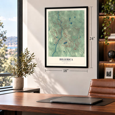 Billerica, Massachusetts map, 18 x 24 inch print in a black frame in a home office