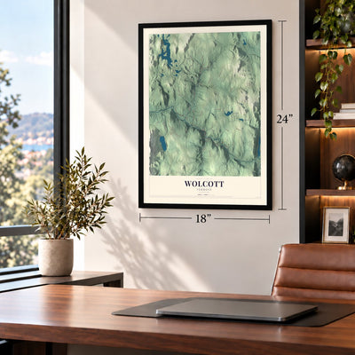 Wolcott, Vermont map, 18 x 24 inch print in a black frame in a home office