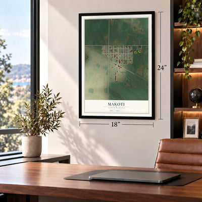 Makoti, North Dakota map, 18 x 24 inch print in a black frame in a home office