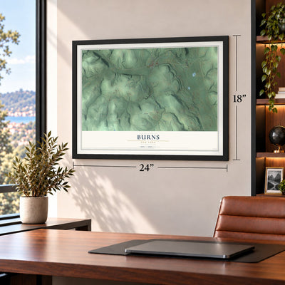Burns, New York map, 18 x 24 inch print in a black frame in a home office