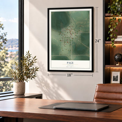 Page, Nebraska map, 18 x 24 inch print in a black frame in a home office