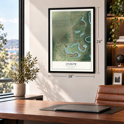 Oxbow, North Dakota map, 18 x 24 inch print in a black frame in a home office