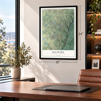 Delaware, Pike County, Pennsylvania map, 18 x 24 inch print in a black frame in a home office