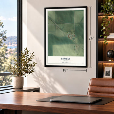 Sholes, Nebraska map, 18 x 24 inch print in a black frame in a home office