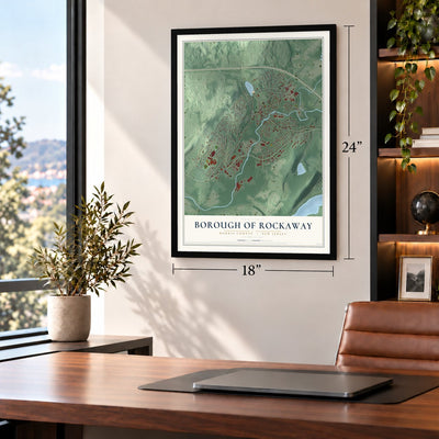 Borough of Rockaway, Morris County, New Jersey map, 18 x 24 inch print in a black frame in a home office
