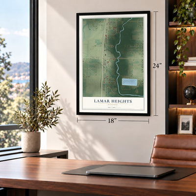 Lamar Heights, Missouri map, 18 x 24 inch print in a black frame in a home office