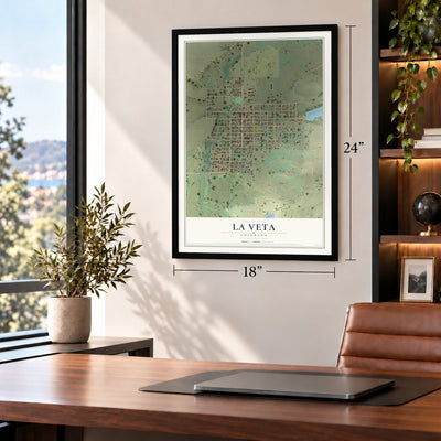 La Veta, Colorado map, 18 x 24 inch print in a black frame in a home office