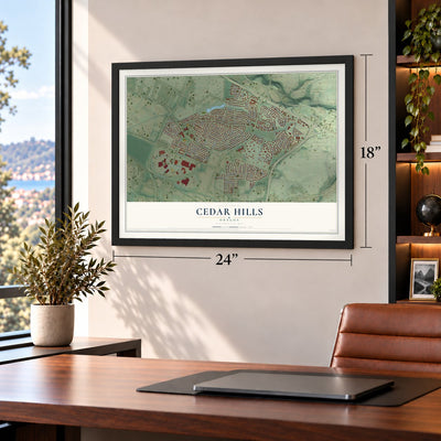 Cedar Hills, Oregon map, 18 x 24 inch print in a black frame in a home office