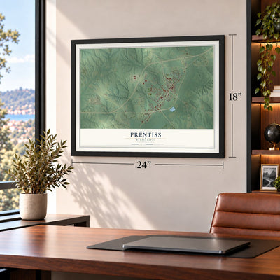 Prentiss, Mississippi map, 18 x 24 inch print in a black frame in a home office