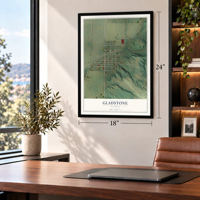 Gladstone, Illinois map, 18 x 24 inch print in a black frame in a home office