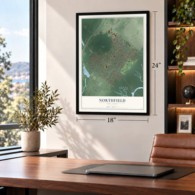 Northfield, New Jersey map, 18 x 24 inch print in a black frame in a home office