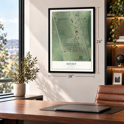 Sunset, Arkansas map, 18 x 24 inch print in a black frame in a home office
