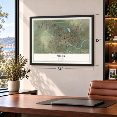 Mills, Wyoming map, 18 x 24 inch print in a black frame in a home office
