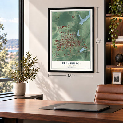 Ebensburg, Pennsylvania map, 18 x 24 inch print in a black frame in a home office
