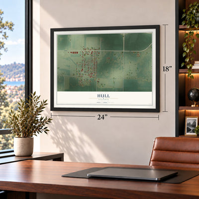 Hull, Illinois map, 18 x 24 inch print in a black frame in a home office