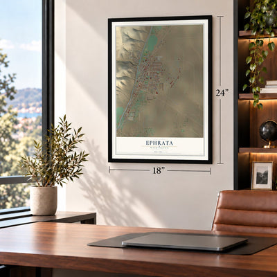 Ephrata, Washington map, 18 x 24 inch print in a black frame in a home office