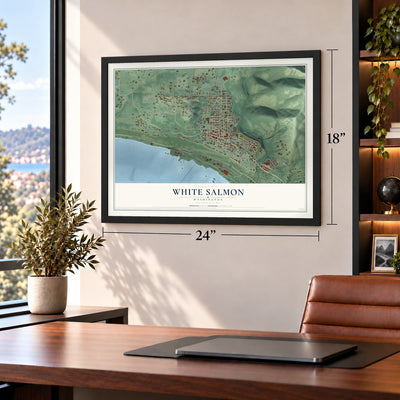 White Salmon, Washington map, 18 x 24 inch print in a black frame in a home office