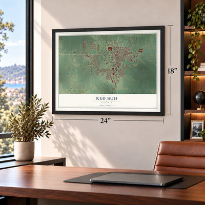 Red Bud, Illinois map, 18 x 24 inch print in a black frame in a home office