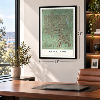 West St. Paul, Minnesota map, 18 x 24 inch print in a black frame in a home office