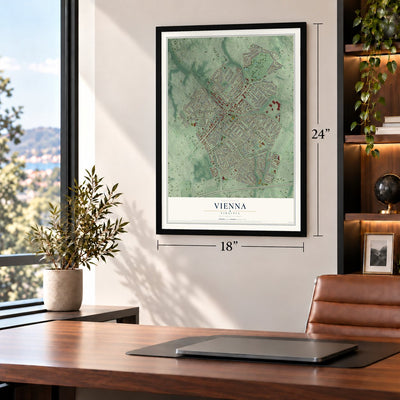 Vienna, Virginia map, 18 x 24 inch print in a black frame in a home office