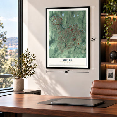 Butler, New Jersey map, 18 x 24 inch print in a black frame in a home office