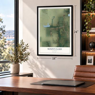Mount Clare, Illinois map, 18 x 24 inch print in a black frame in a home office