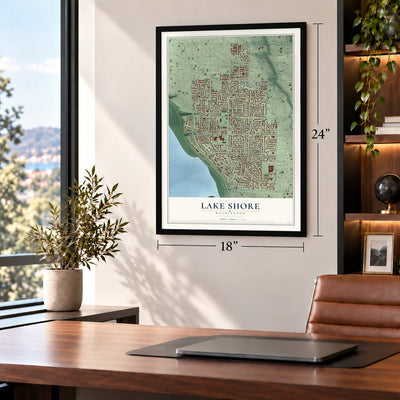 Lake Shore, Washington map, 18 x 24 inch print in a black frame in a home office