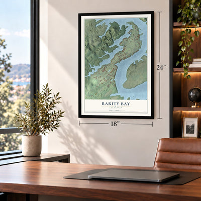 Rarity Bay, Tennessee map, 18 x 24 inch print in a black frame in a home office