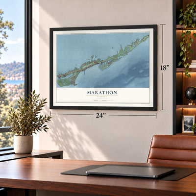 Marathon, Florida map, 18 x 24 inch print in a black frame in a home office