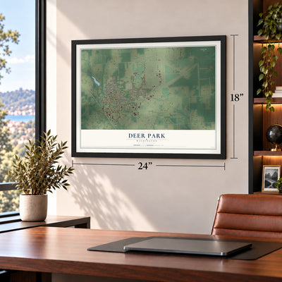 Deer Park, Washington map, 18 x 24 inch print in a black frame in a home office