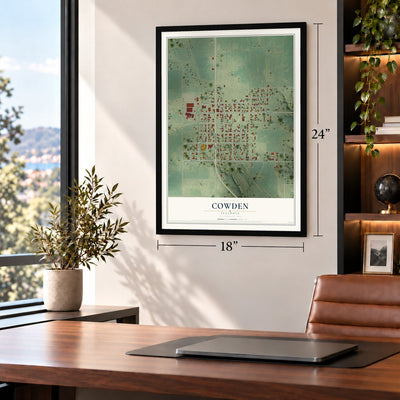 Cowden, Illinois map, 18 x 24 inch print in a black frame in a home office