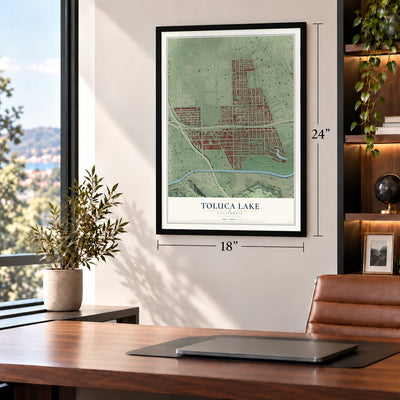 Toluca Lake, California map, 18 x 24 inch print in a black frame in a home office