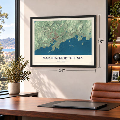 Manchester-by-the-Sea, Massachusetts map, 18 x 24 inch print in a black frame in a home office