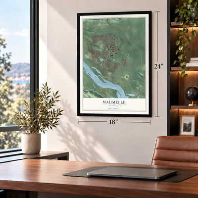 Maumelle, Arkansas map, 18 x 24 inch print in a black frame in a home office