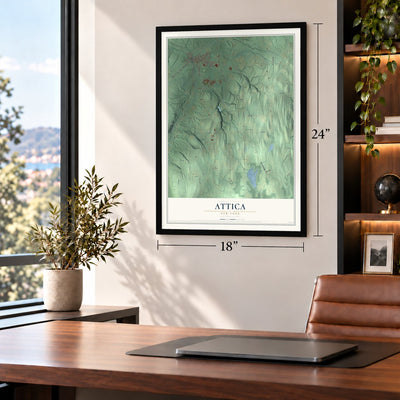 Attica, New York map, 18 x 24 inch print in a black frame in a home office