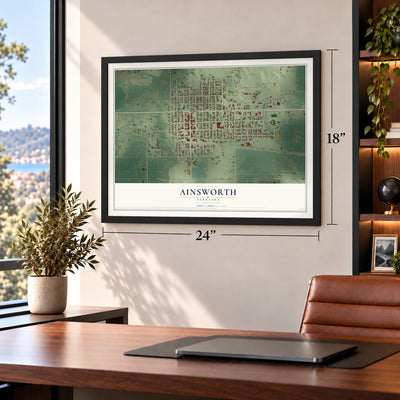 Ainsworth, Nebraska map, 18 x 24 inch print in a black frame in a home office