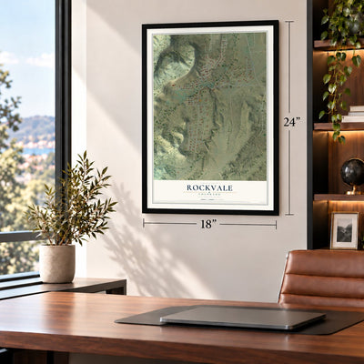 Rockvale, Colorado map, 18 x 24 inch print in a black frame in a home office
