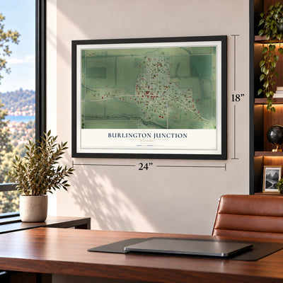 Burlington Junction, Missouri map, 18 x 24 inch print in a black frame in a home office