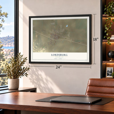 Lordsburg, New Mexico map, 18 x 24 inch print in a black frame in a home office