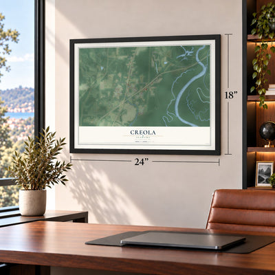 Creola, Alabama map, 18 x 24 inch print in a black frame in a home office